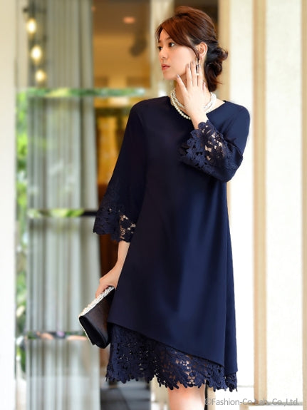 アシンメトリーヘムラインレースワンピース(7号~15号) (ネイビー(N)) ネイビー