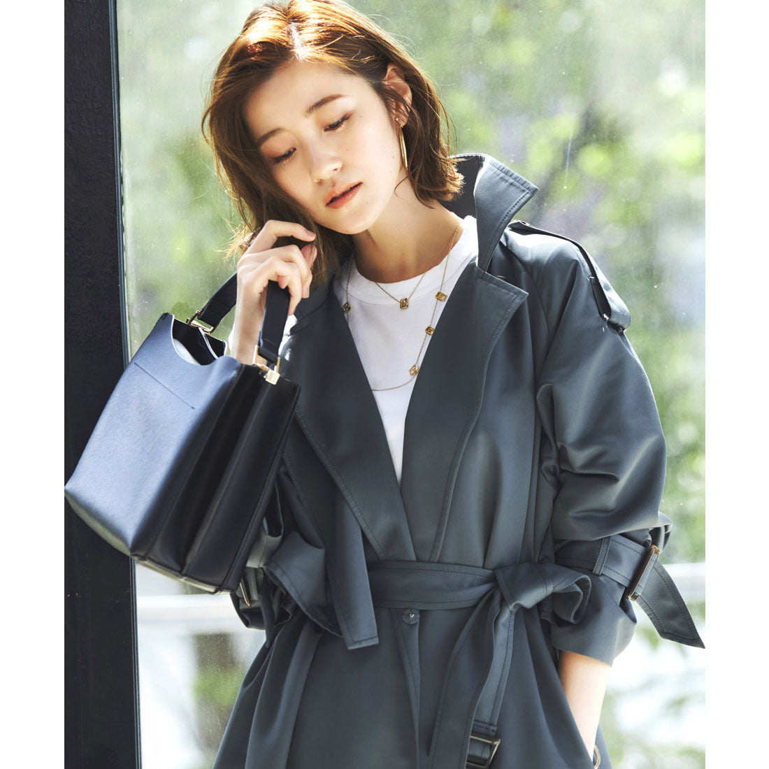 ルイルエブティック RUIRUE BOUTIQUE 2way 撥水 | クールスタイル2wayトレンチコート | レディース アウター 羽織 体型カバー 保温 暖かい 軽量 アシンメトリー ステンカラー ケープ ドルマンスリーブ ベルト (ブルーグレー/DGY) ブルーグレー