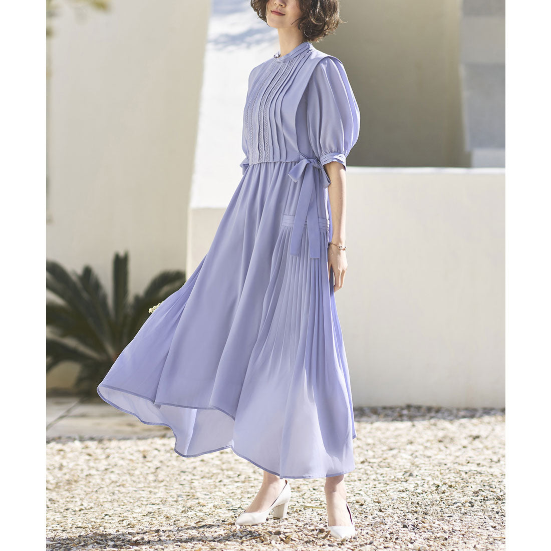 ルイルエブティック RUIRUE BOUTIQUE ジレ付きサイドプリーツワンピース,ラベンダー