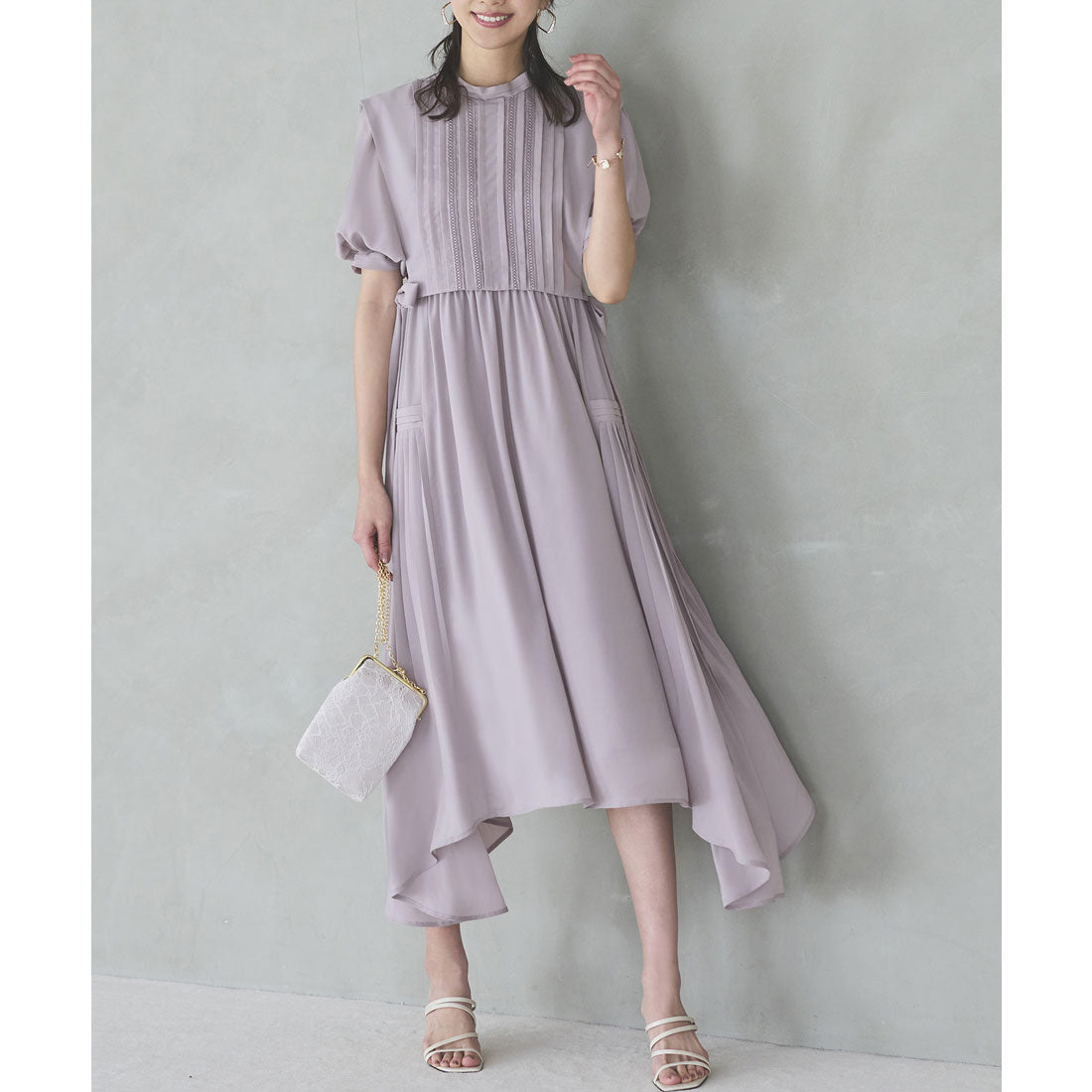 ルイルエブティック RUIRUE BOUTIQUE ジレ付きサイドプリーツワンピース,ローズグレー