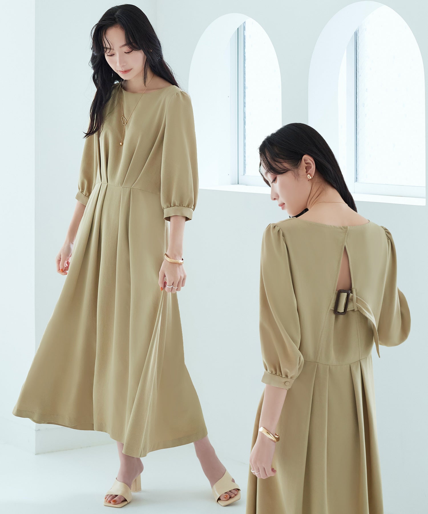 ルイルエブティック RUIRUE BOUTIQUE バックベルト・ウエストタック ロングワンピース (ベージュ) ベージュ