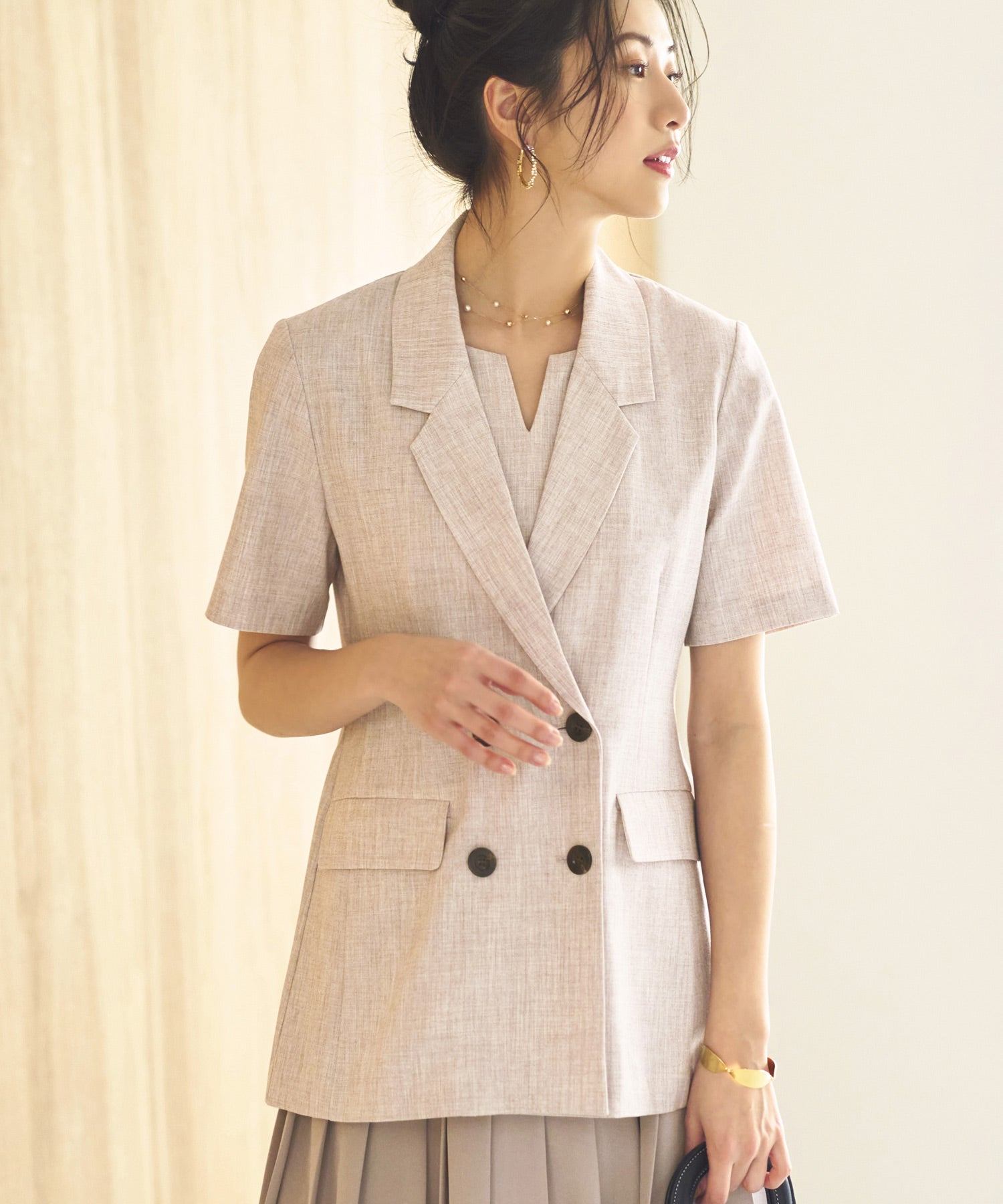 ルイルエブティック RUIRUE BOUTIQUE 【2点セット】半袖ダブルブレスト&ヘムプリーツワンピースセットアップ スーツ ビジネス 卒園式 卒業式 入園式 入学式 七五三 スタイリッシュ セットアップ (ライトブラウン) ライトブラウン