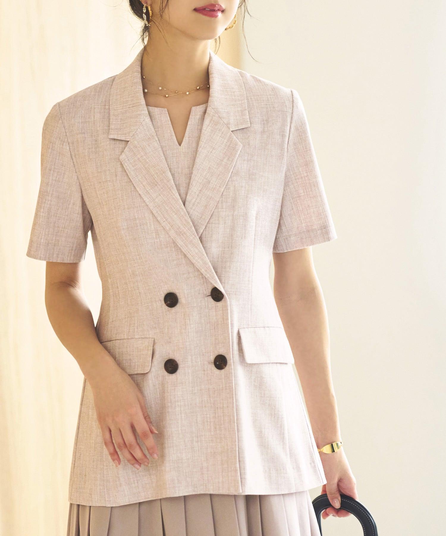ルイルエブティック RUIRUE BOUTIQUE 【2点セット】半袖ダブルブレスト&ヘムプリーツワンピースセットアップ スーツ ビジネス 卒園式 卒業式 入園式 入学式 七五三 スタイリッシュ セットアップ (ライトブラウン) ライトブラウン