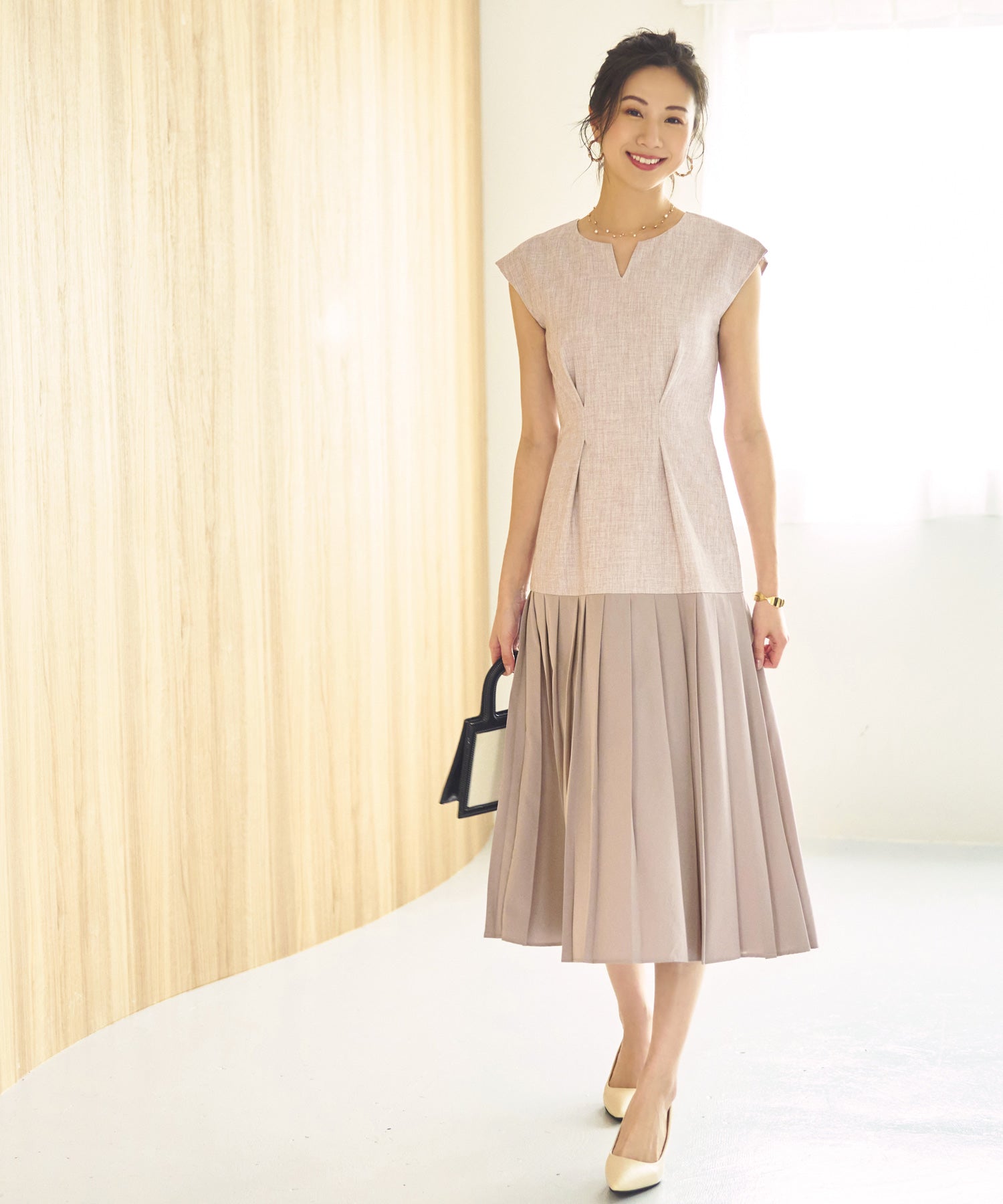 ルイルエブティック RUIRUE BOUTIQUE 【2点セット】半袖ダブルブレスト&ヘムプリーツワンピースセットアップ スーツ ビジネス 卒園式 卒業式 入園式 入学式 七五三 スタイリッシュ セットアップ (ライトブラウン) ライトブラウン