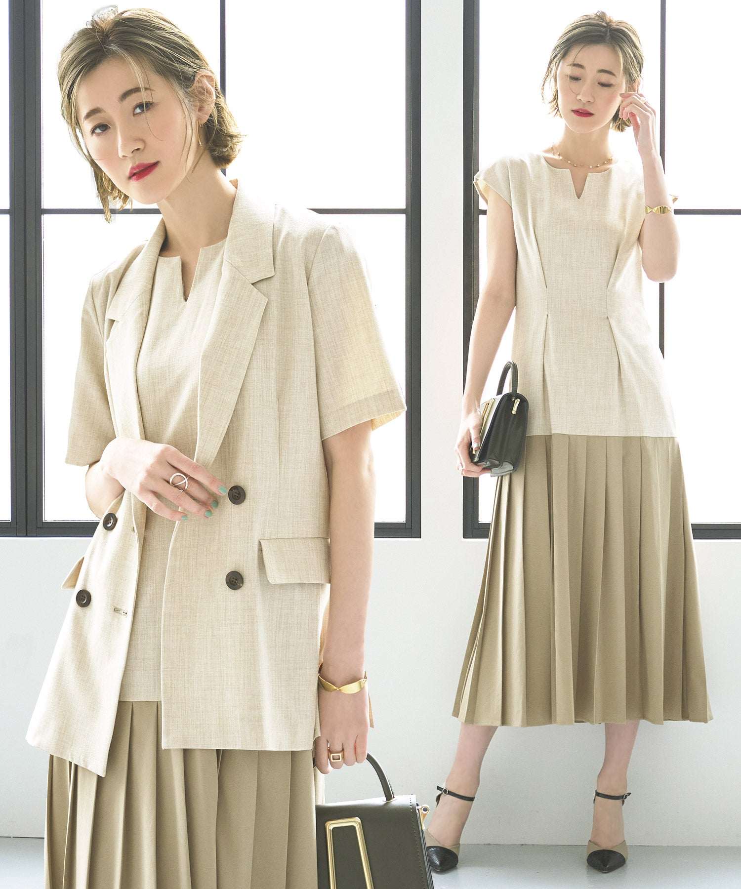 ルイルエブティック RUIRUE BOUTIQUE 【2点セット】半袖ダブルブレスト&ヘムプリーツワンピースセットアップ スーツ ビジネス 卒園式 卒業式 入園式 入学式 七五三 スタイリッシュ セットアップ (ベージュ) ベージュ