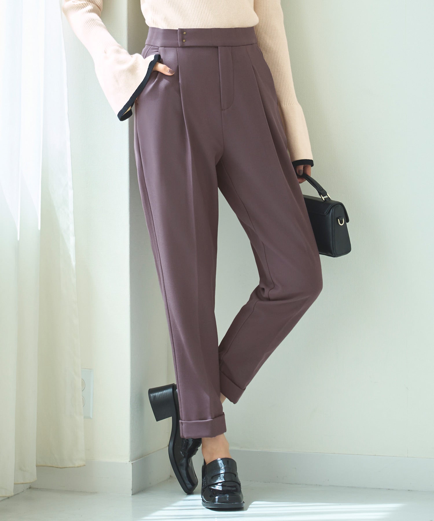 ルイルエブティック RUIRUE BOUTIQUE 【あたたか裏起毛シリーズ】シークレットゴム・ロールアップテーパードパンツ,ダークグレープ