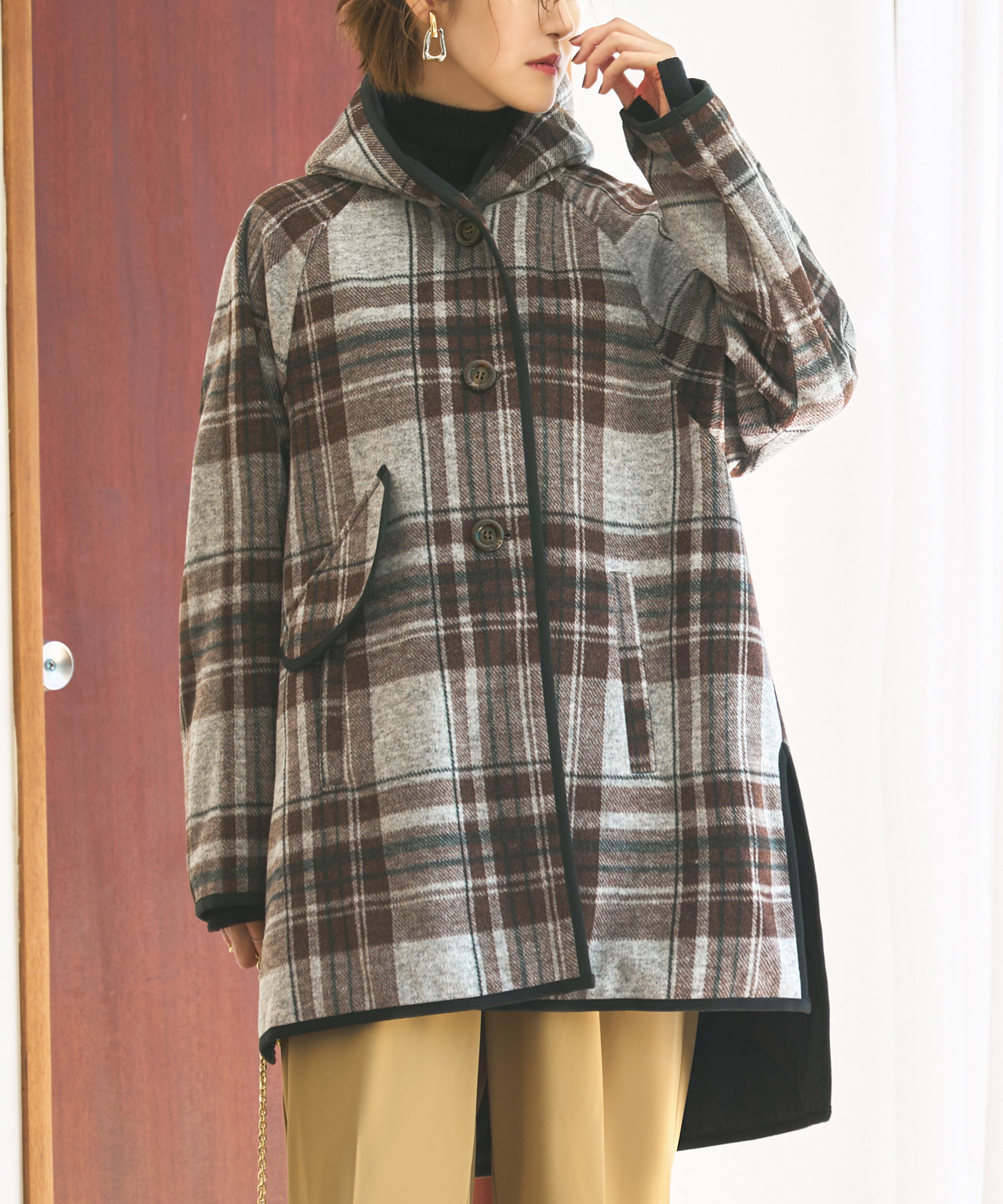 ルイルエブティック RUIRUE BOUTIQUE 【ウーリーストレッチ×ソフィーレイト】裏キルトフーデッドコート (ブラウン系) ブラウン系