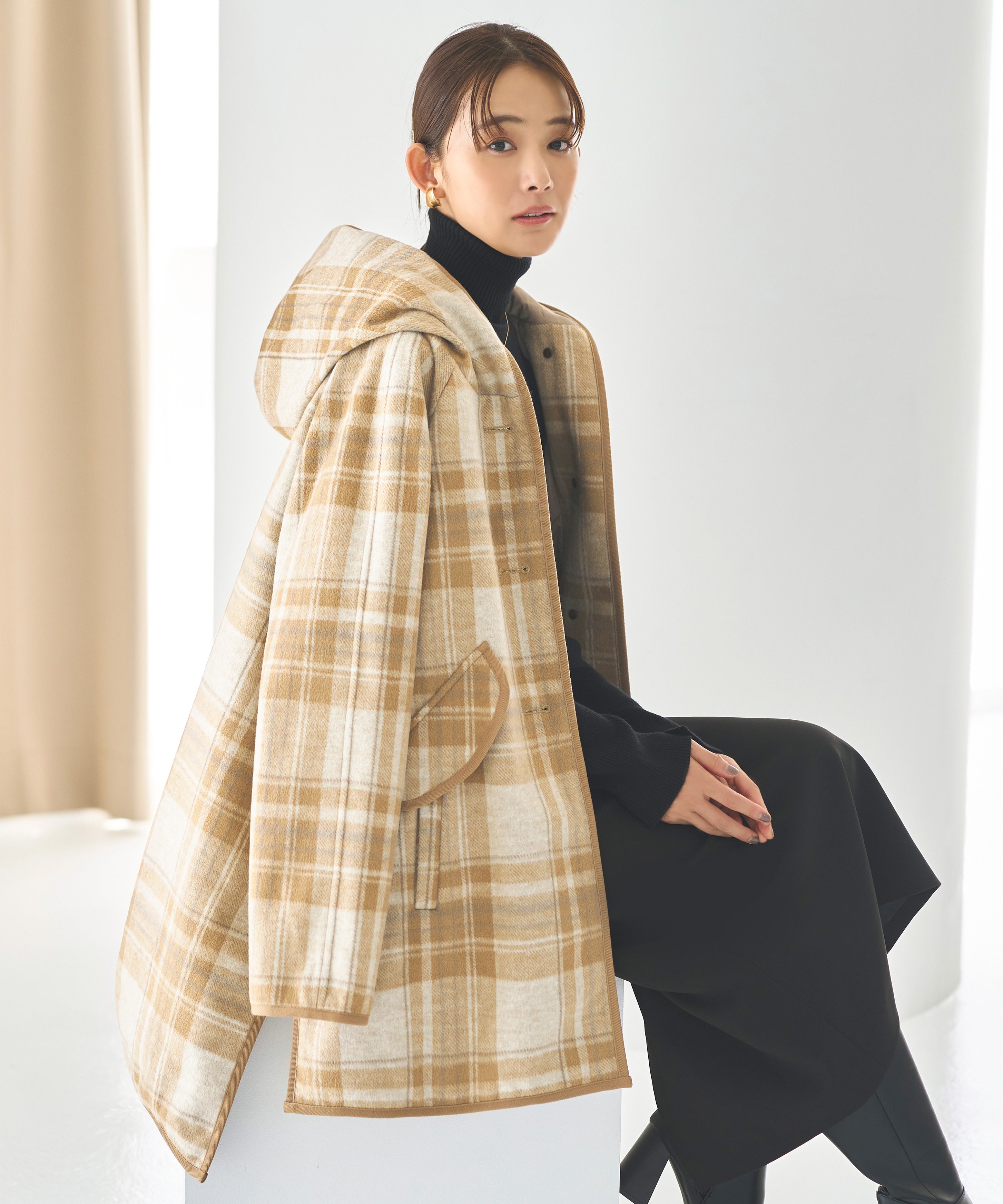 ルイルエブティック RUIRUE BOUTIQUE 【ウーリーストレッチ×ソフィーレイト】裏キルトフーデッドコート (ベージュ系) ベージュ系