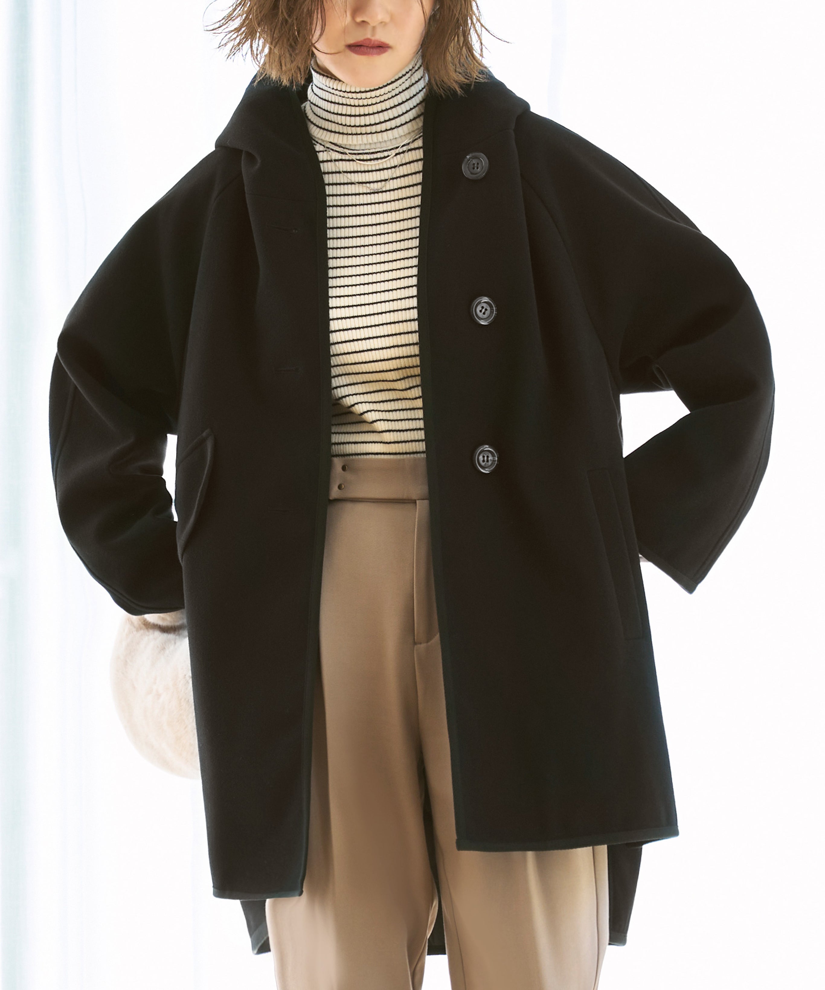 ルイルエブティック RUIRUE BOUTIQUE 【ウーリーストレッチ×ソフィーレイト】裏キルトフーデッドコート (ブラック) ブラック