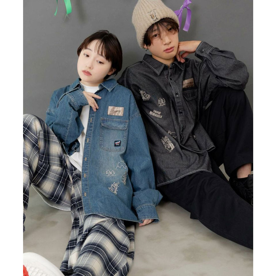 スカラー ScoLar ラビルとネコのスノーメモリー刺繍デニムシャツ (ブルー) ブルー