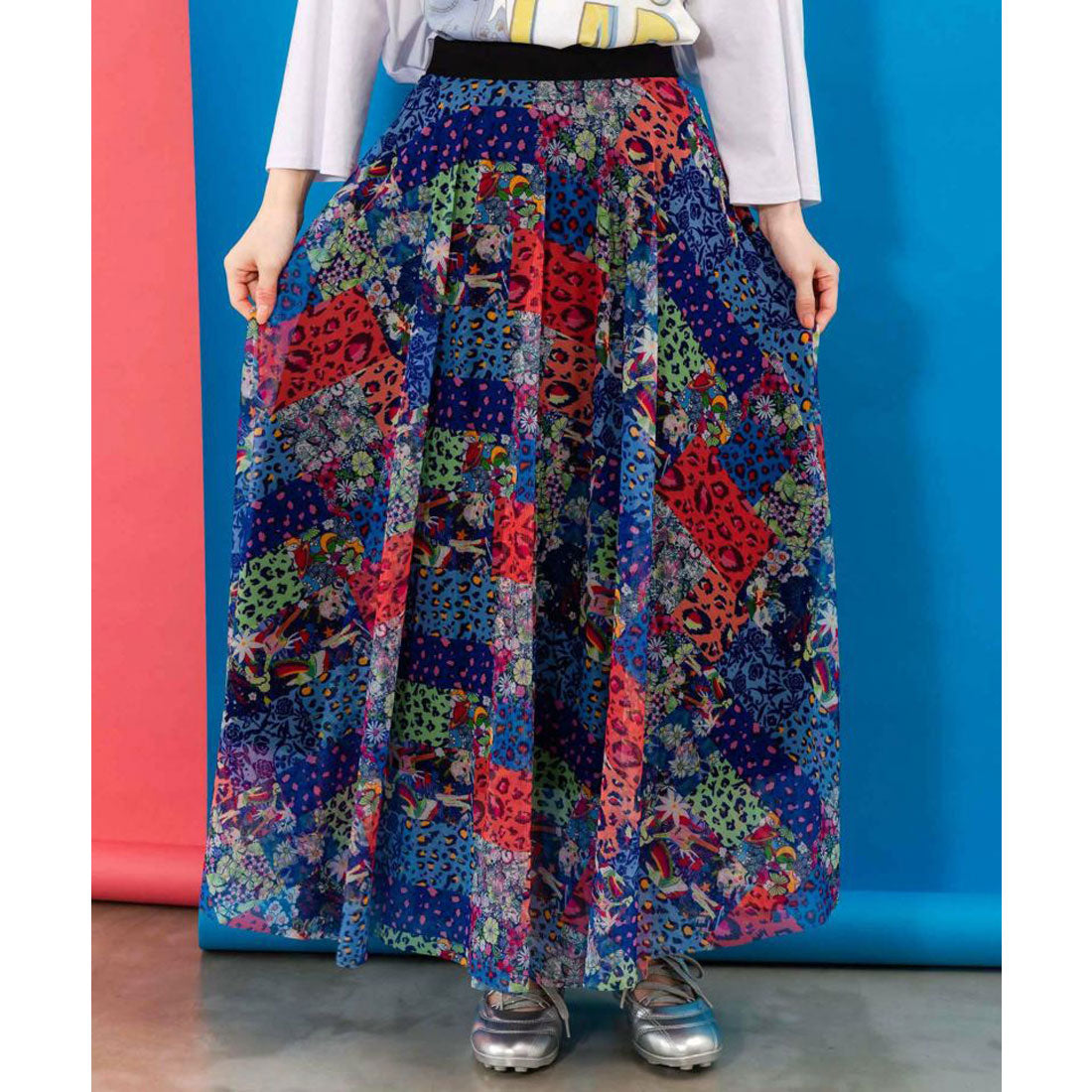スカラー ScoLar ネコ花・ヒョウ柄 2柄展開チュールスカート (ブルー) ブルー