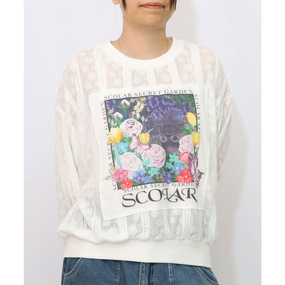 スカラー ScoLar 花アップリケレースプルオーバー (オフホワイト) オフホワイト