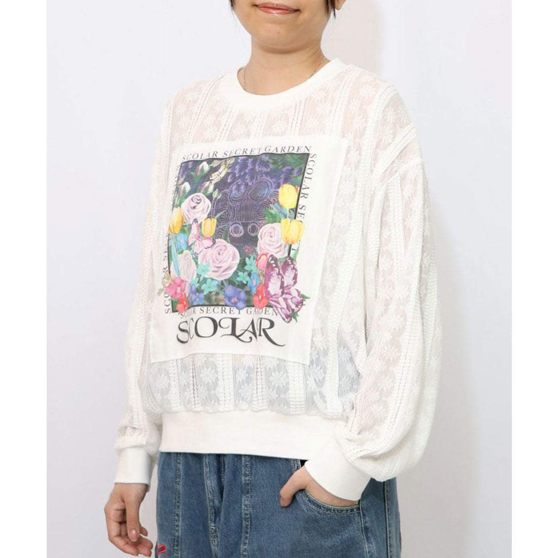スカラー ScoLar 花アップリケレースプルオーバー (オフホワイト) オフホワイト