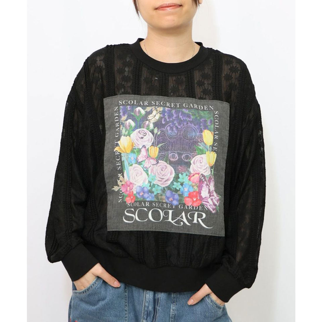 スカラー ScoLar 花アップリケレースプルオーバー (ブラック) ブラック