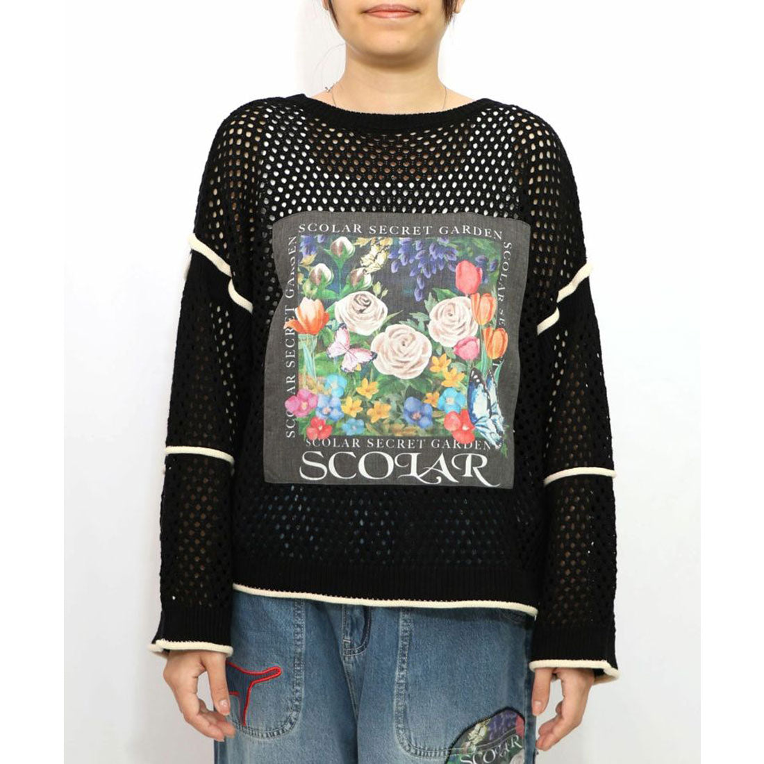 スカラー ScoLar 花アップリケ2WAYメッシュプルオーバー (ブラック) ブラック