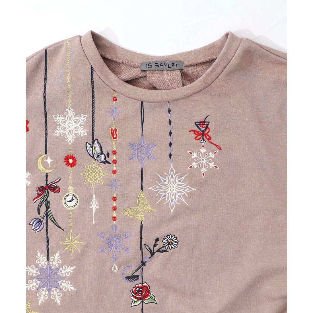 スカラー ScoLar 雪の結晶ガーランド刺繍裏毛×ラメフェザーニット (ブラック) ブラック