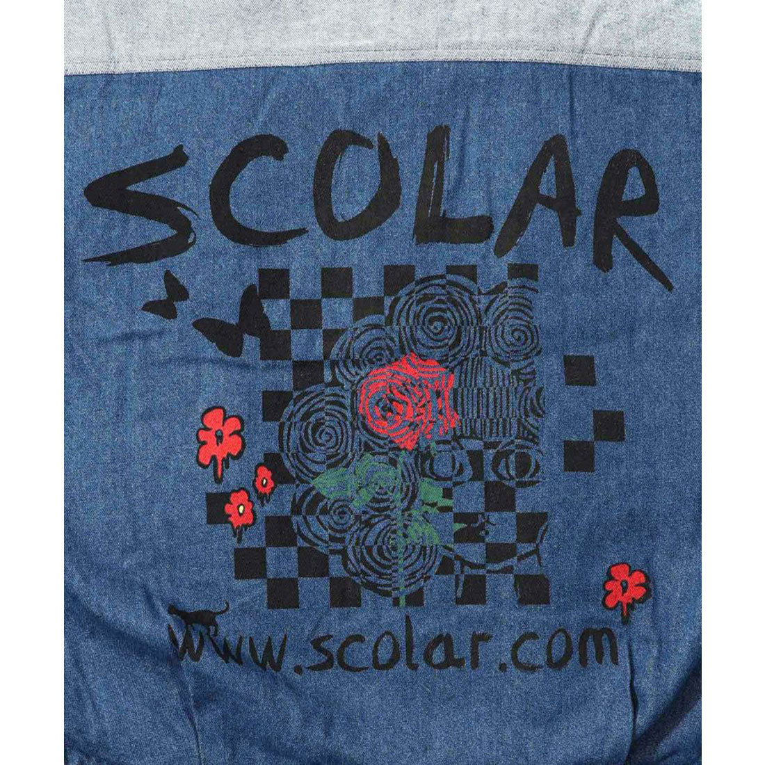 スカラー ScoLar 落書きモザイク柄デニム×ボアジャケット (ネイビー) ネイビー