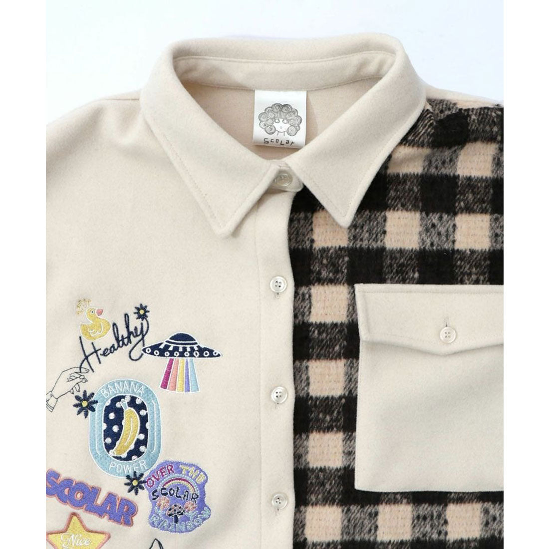 スカラー ScoLar POP刺繍×チェック柄シャツ (アイボリー) アイボリー