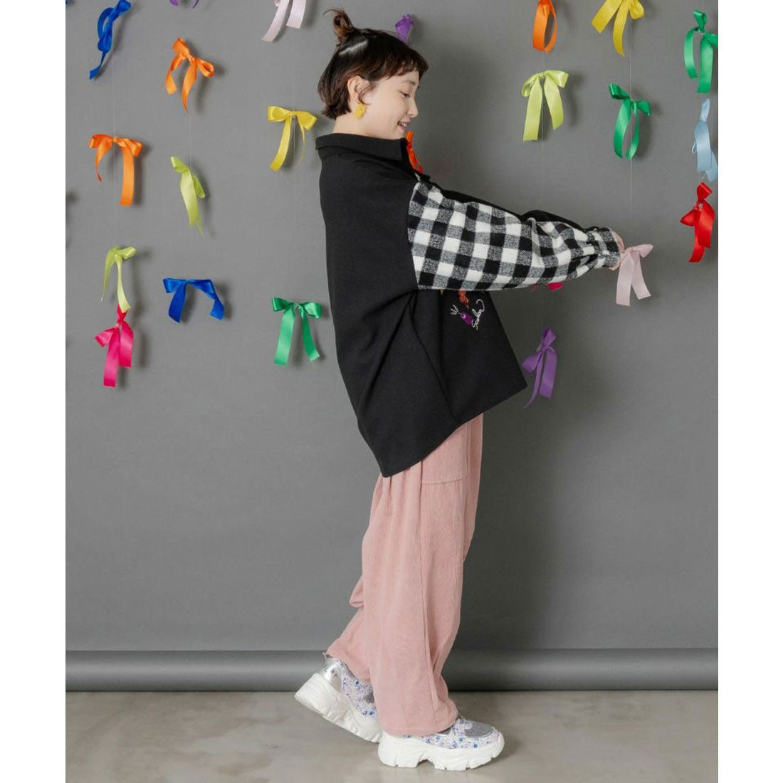 スカラー ScoLar POP刺繍×チェック柄シャツ (アイボリー) アイボリー