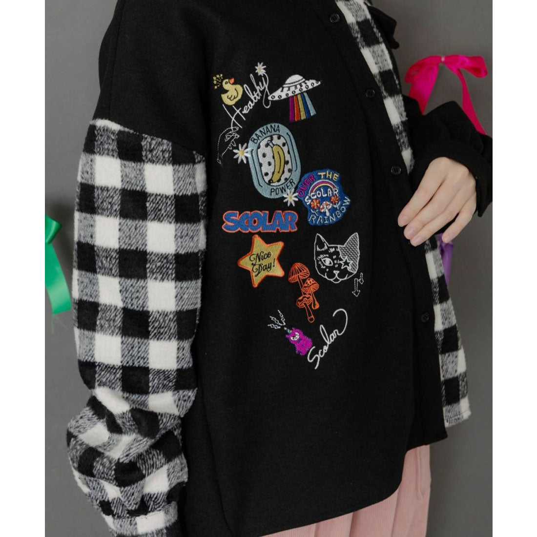 スカラー ScoLar POP刺繍×チェック柄シャツ (アイボリー) アイボリー