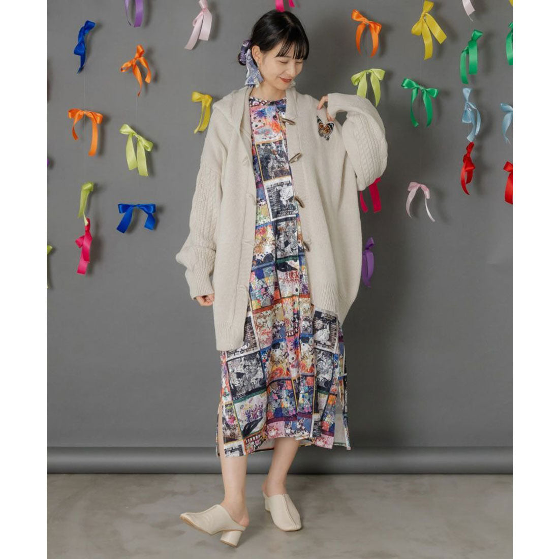 スカラー ScoLar 蝶刺繍ニットカーディガン (チャコールグレー) チャコールグレー