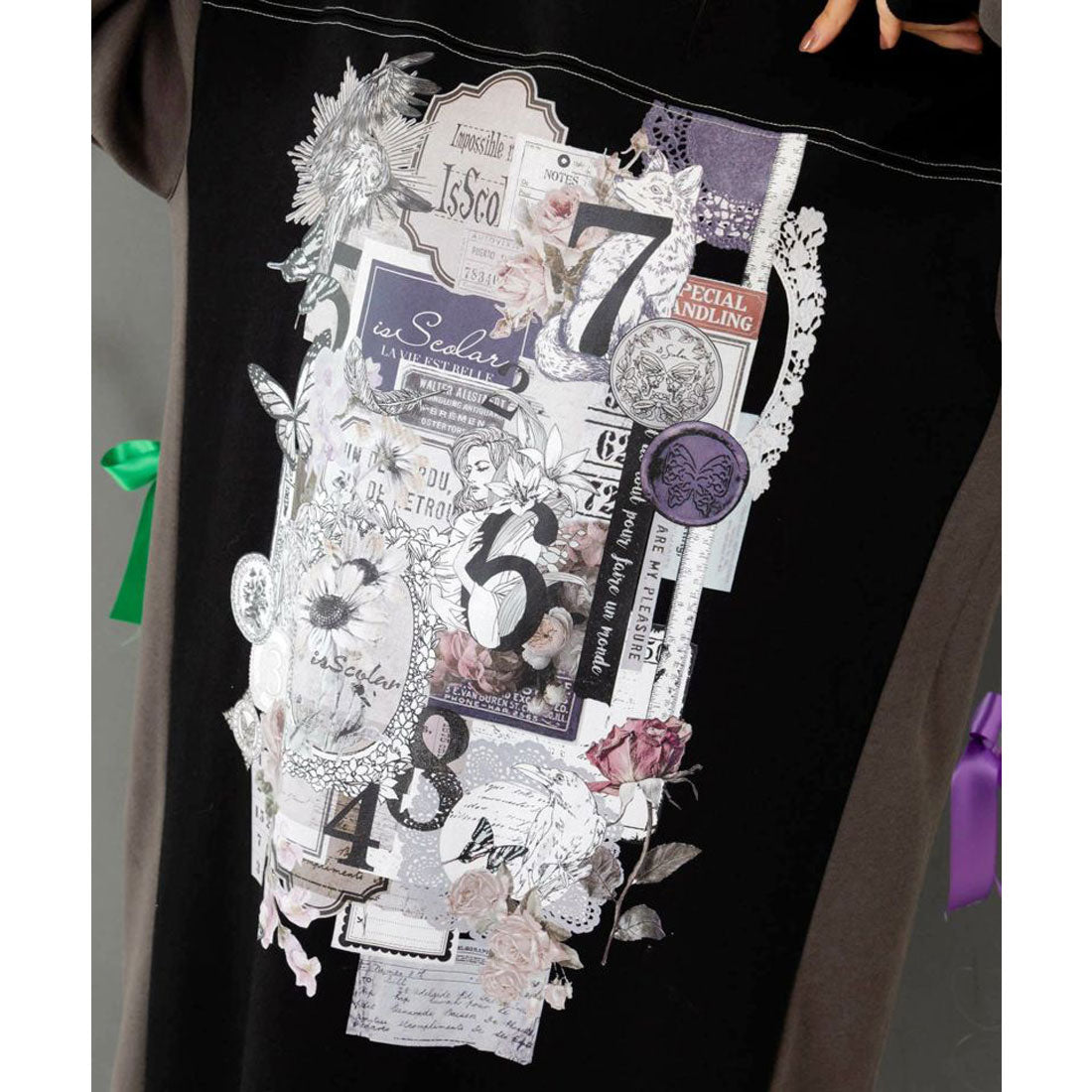 スカラー ScoLar コラージュ柄裏起毛ワンピース (ブラック) ブラック