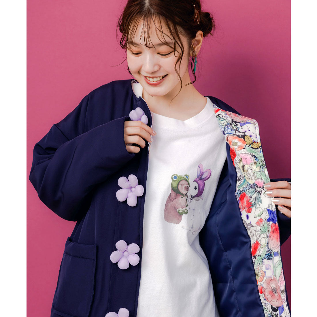 スカラー ScoLar 花ボタン中綿アウター (ネイビー) ネイビー