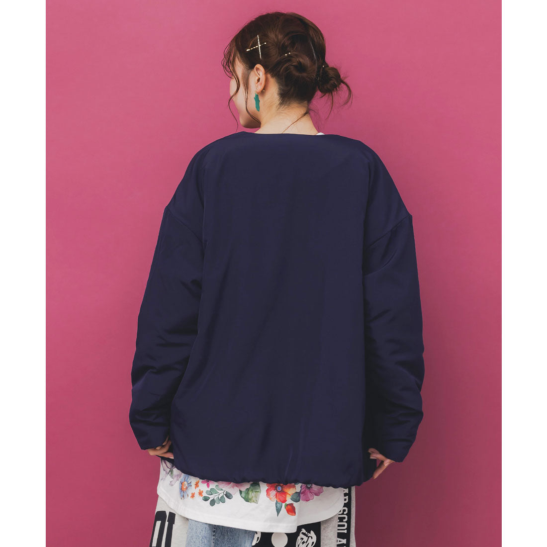 スカラー ScoLar 花ボタン中綿アウター (ネイビー) ネイビー