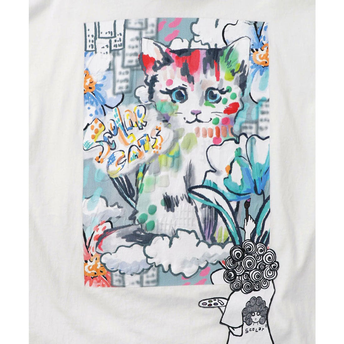スカラー ScoLar 画家スカラーちゃんネコ柄チュール切替チュニック (オフホワイト) オフホワイト