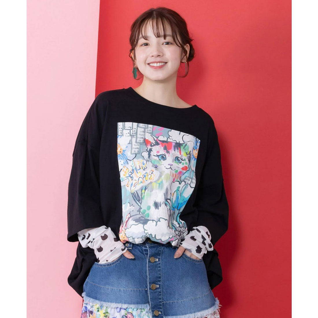 スカラー ScoLar 画家スカラーちゃんネコ柄チュール切替チュニック (オフホワイト) オフホワイト