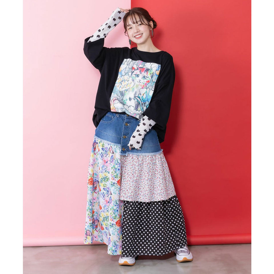 スカラー ScoLar 画家スカラーちゃんネコ柄チュール切替チュニック (オフホワイト) オフホワイト