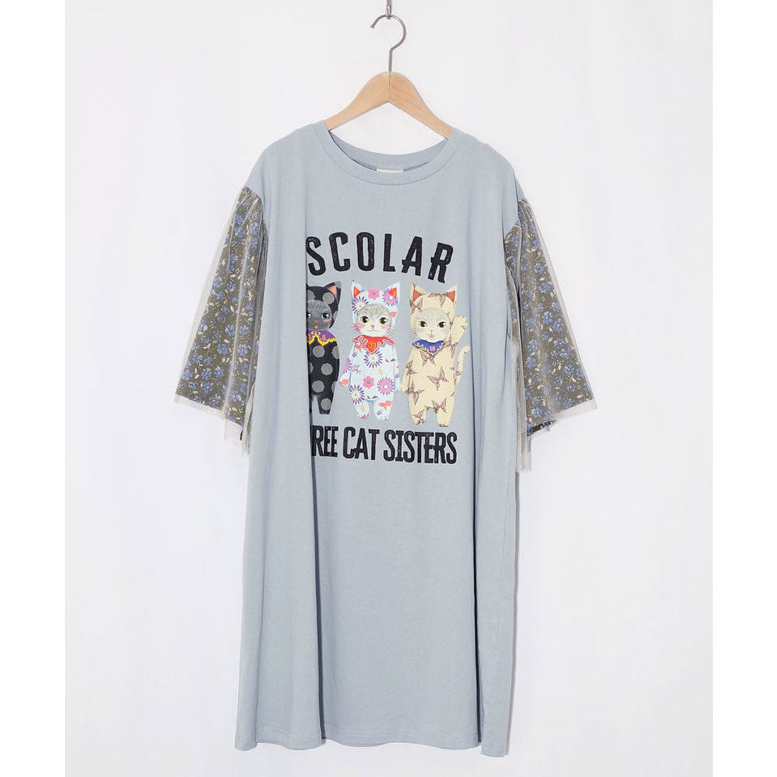 スカラー ScoLar おしゃれネコシスターズ チュール重ね袖ワンピース (サックス) サックス
