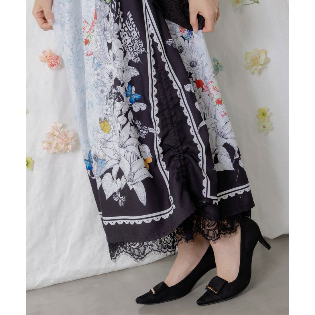 スカラー ScoLar お花いっぱい レース×ドロスト付きスカート (ブラック) ブラック