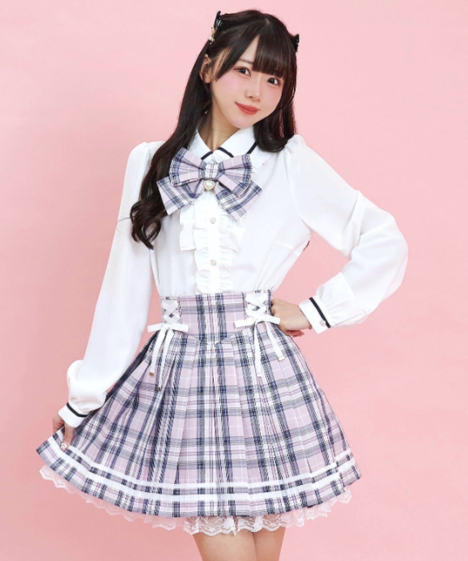 シークレットハニー Secret Honey チェックリボン付ダブルフリルブラウス