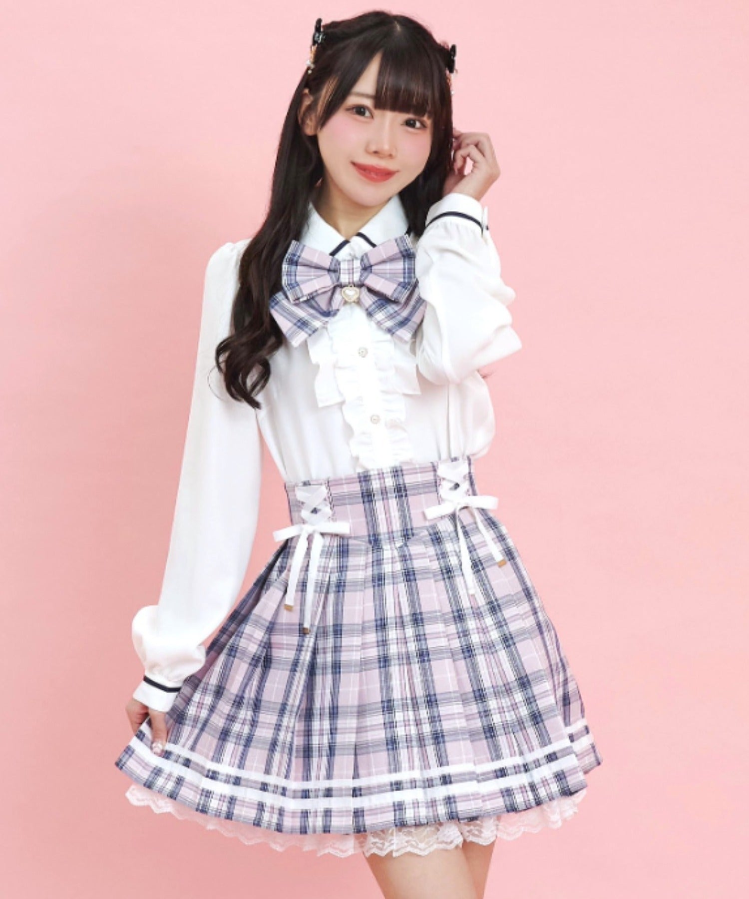 シークレットハニー Secret Honey チェックリボン付ダブルフリルブラウス