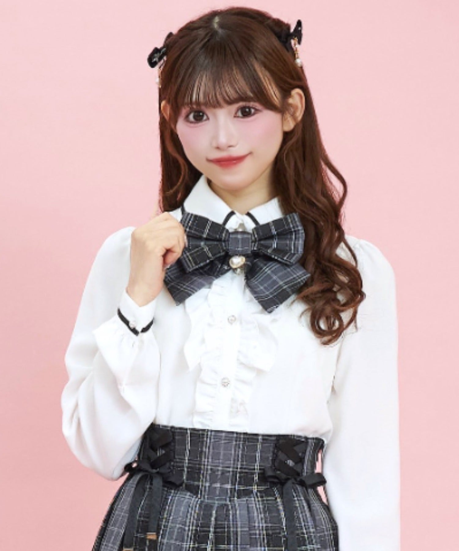 シークレットハニー Secret Honey チェックリボン付ダブルフリルブラウス