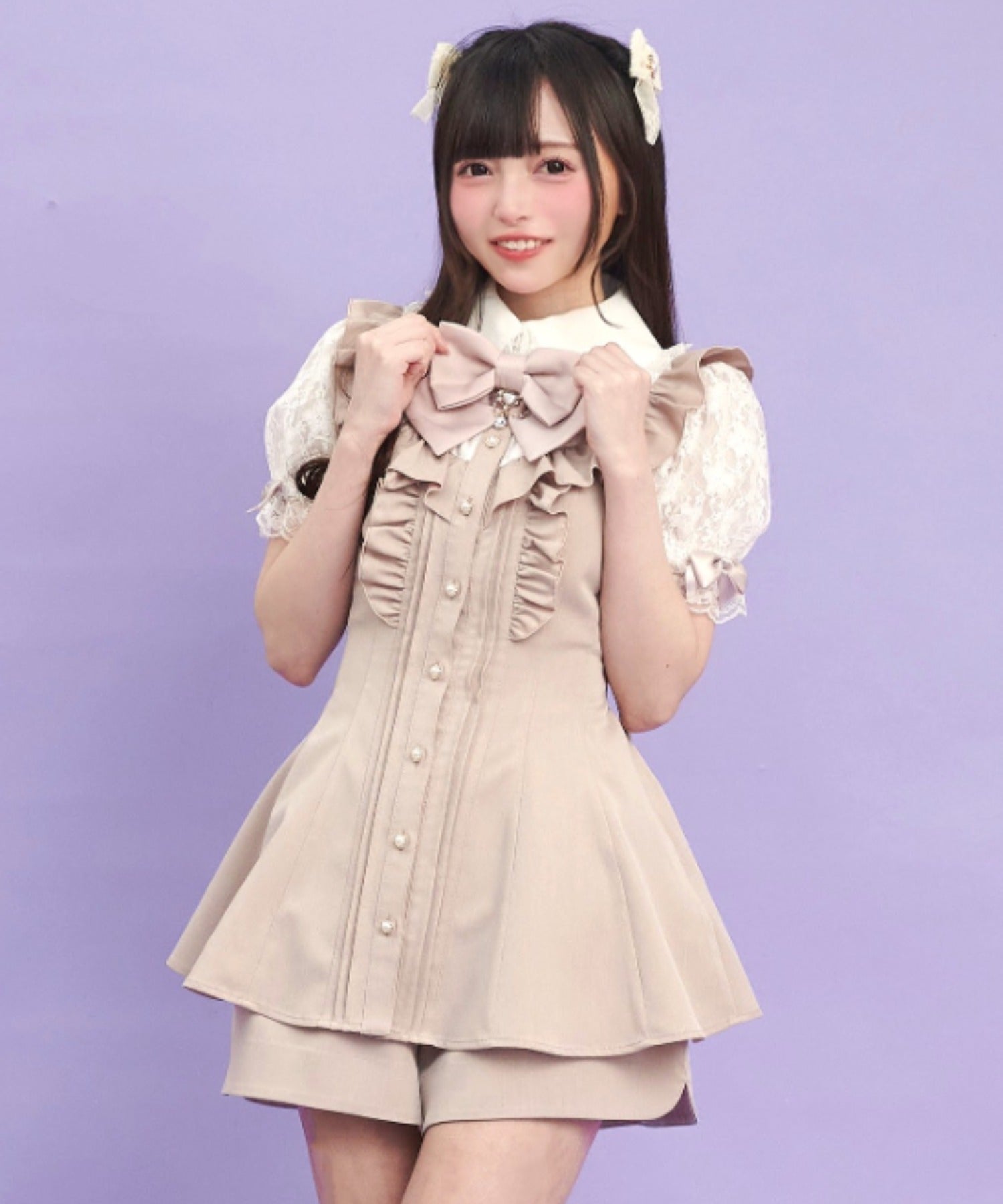 シークレットハニー Secret Honey 半袖レースピンタックフリルヨーク切替セットアップ (ピンク) ピンク