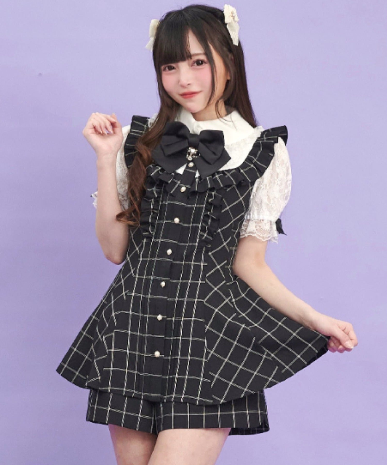 シークレットハニー Secret Honey 半袖レースピンタックフリルヨーク切替セットアップ (チェッククロ) チェッククロ