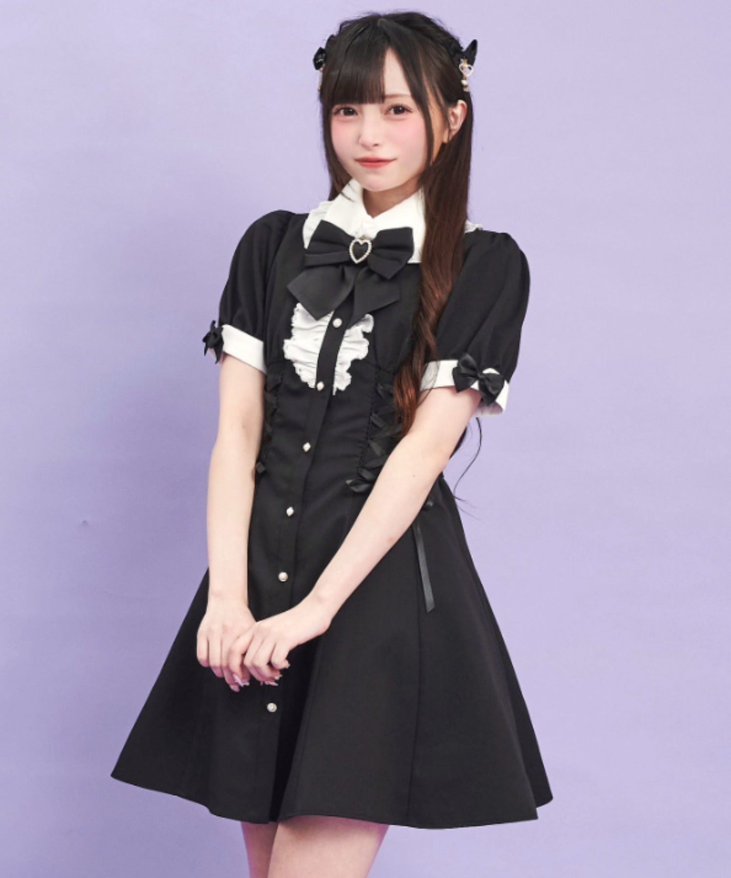 シークレットハニー Secret Honey ウエストレースアップ半袖ワンピース (クロ) クロ