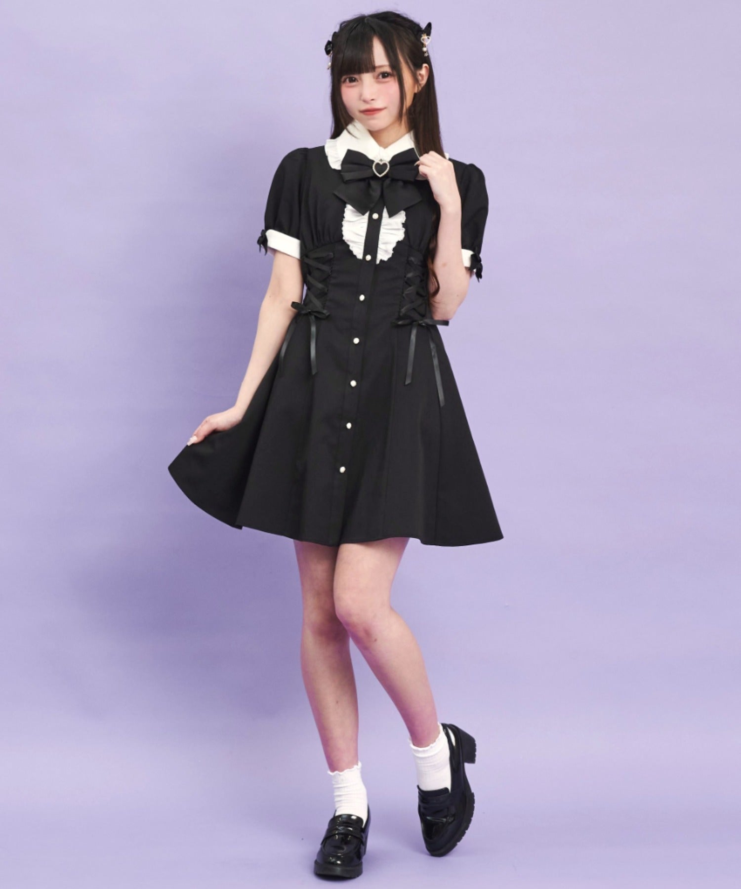 シークレットハニー Secret Honey ウエストレースアップ半袖ワンピース (クロ) クロ