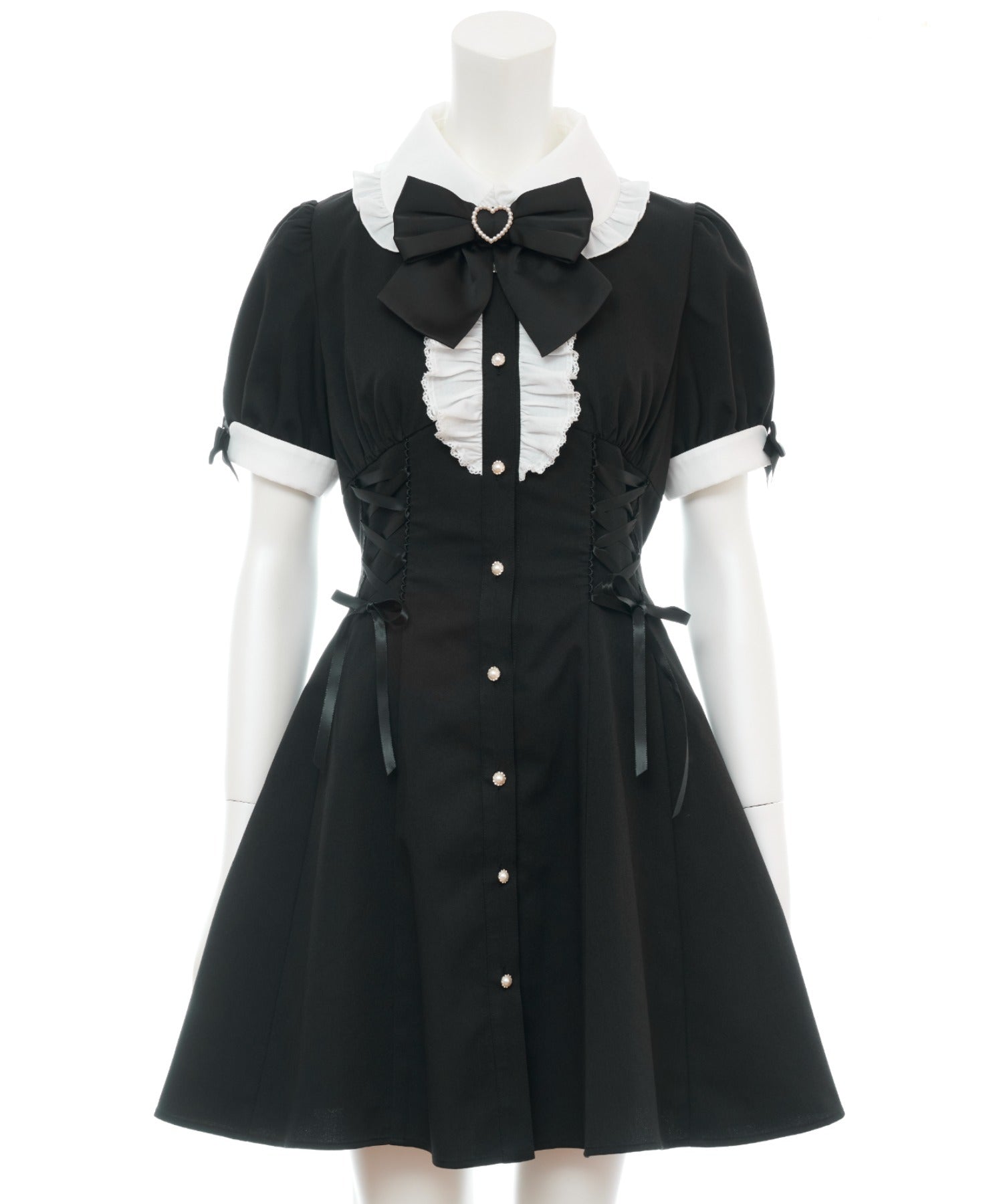 シークレットハニー Secret Honey ウエストレースアップ半袖ワンピース (クロ) クロ