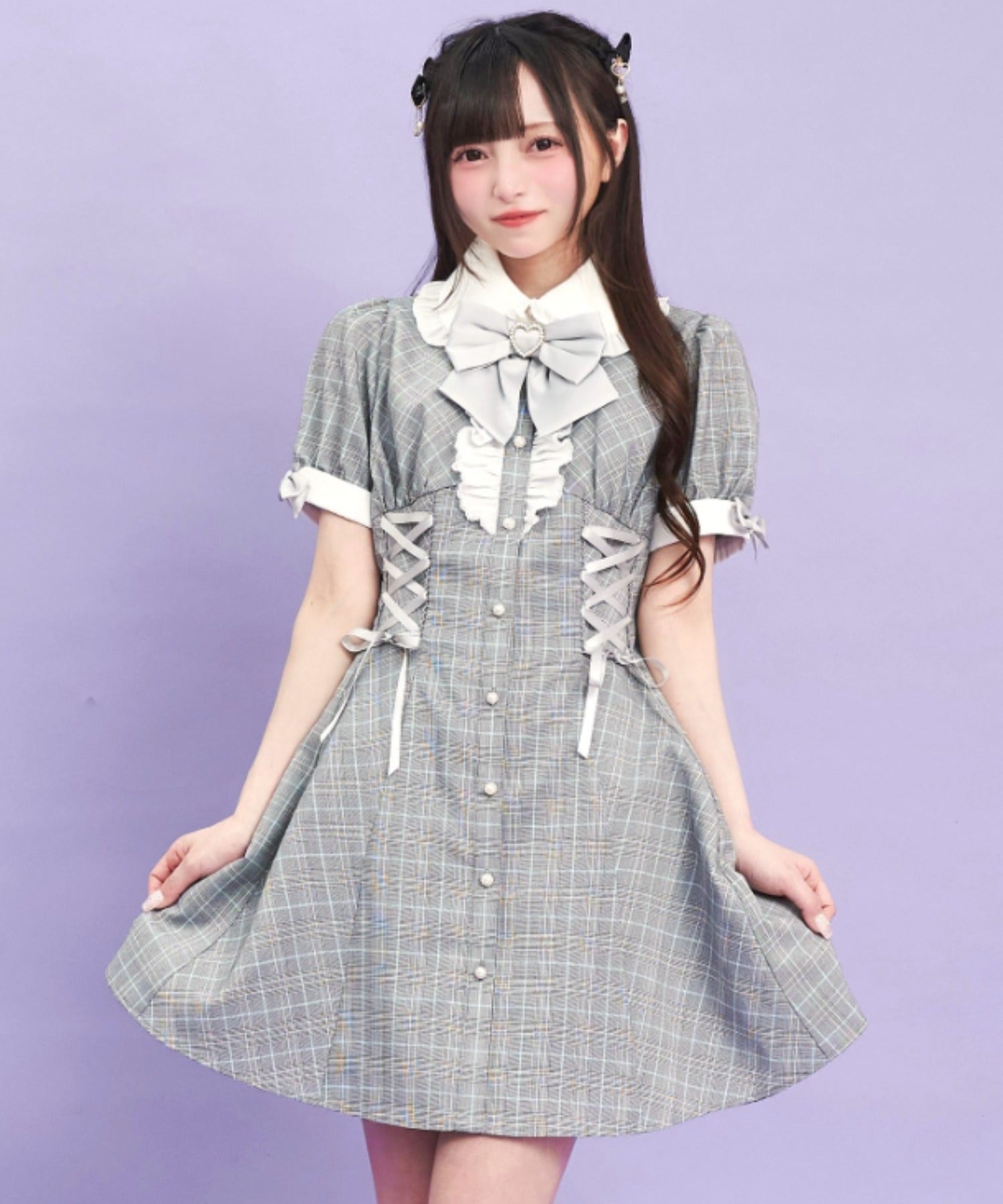 シークレットハニー Secret Honey ウエストレースアップ半袖ワンピース (ブルー) ブルー