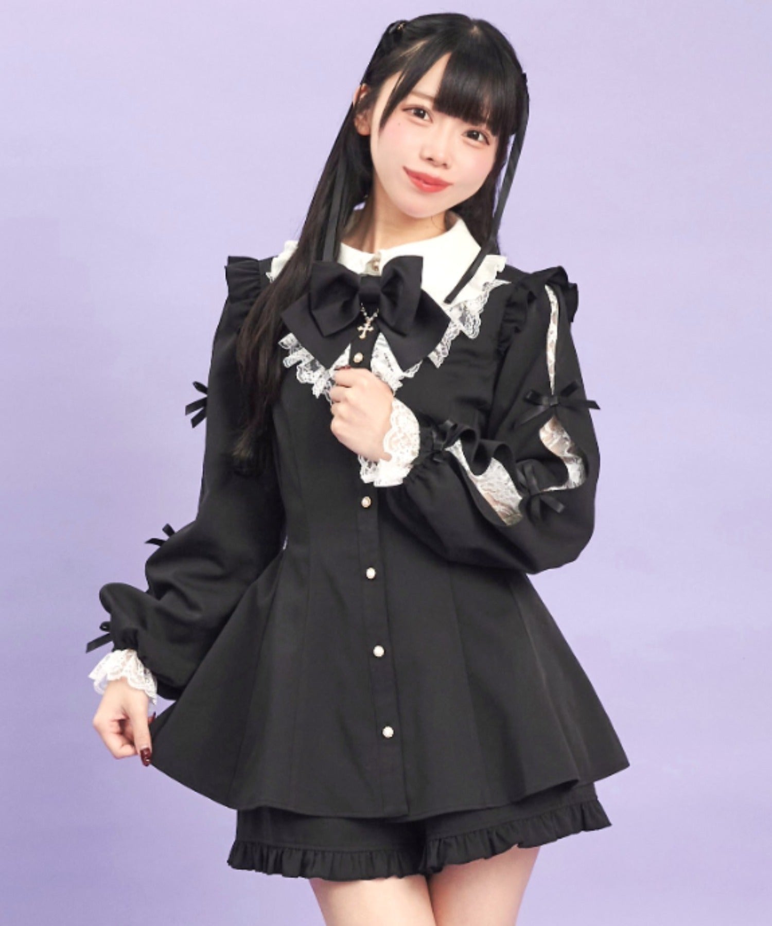 シークレットハニー Secret Honey 袖スリットレースフリルセットアップ (クロ) クロ