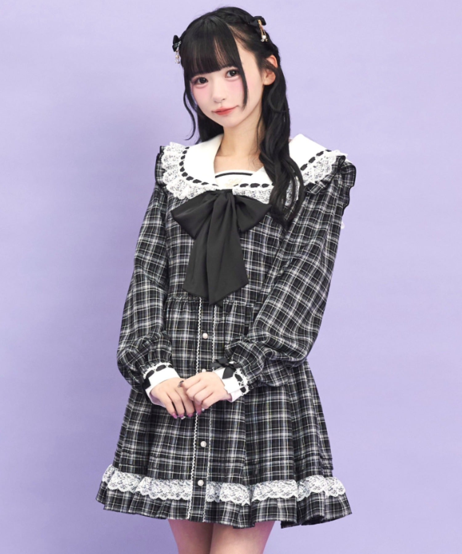 シークレットハニー Secret Honey レースフリルセーラーカラーワンピース (チェッククロ) チェッククロ