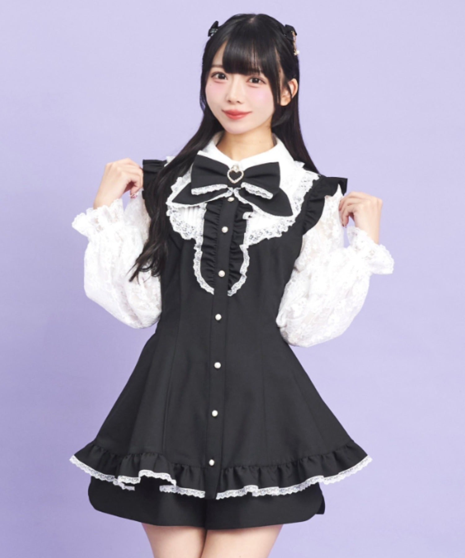 シークレットハニー Secret Honey 裾フリルレースヨーク長袖セットアップ (クロ) クロ