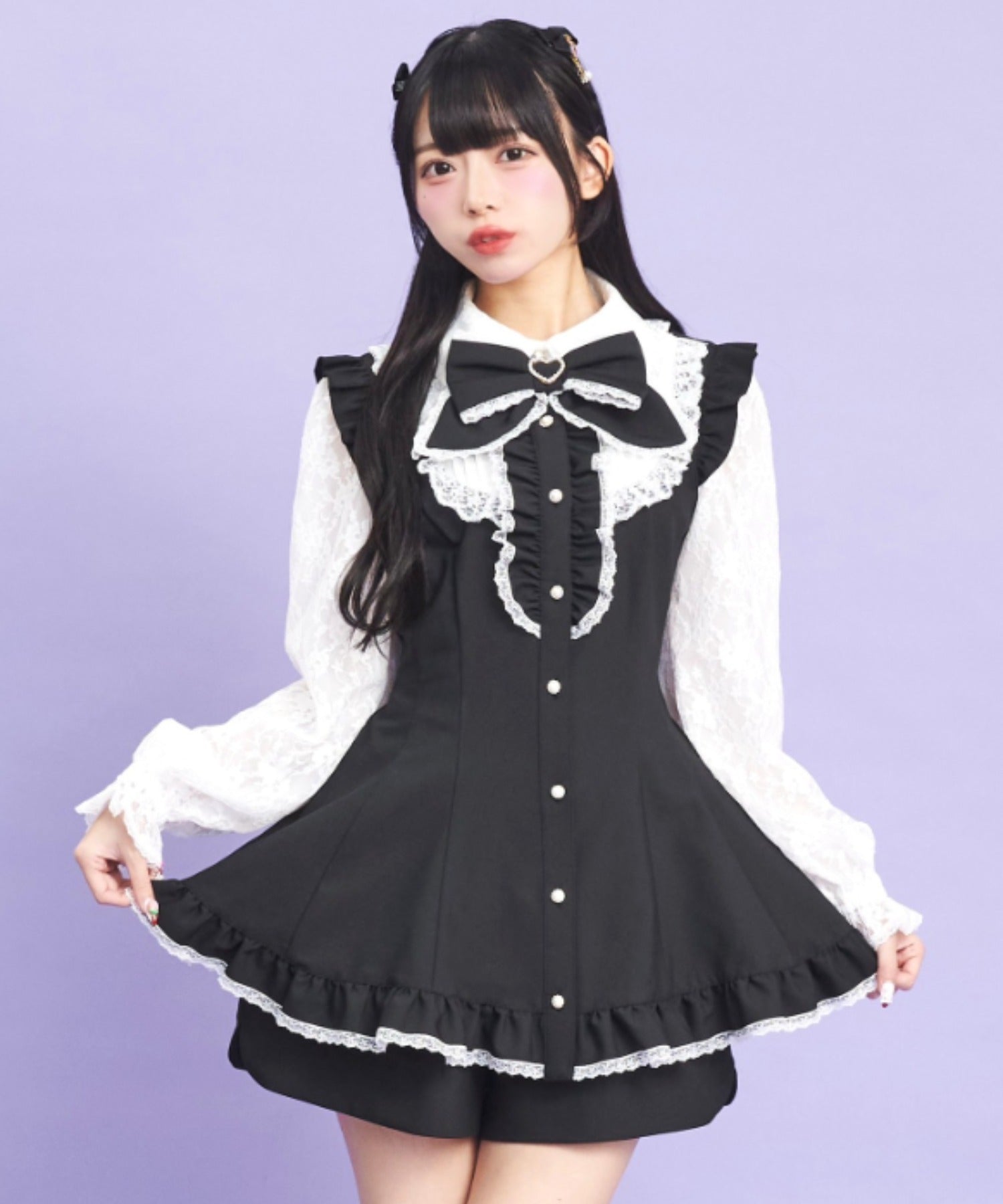 シークレットハニー Secret Honey 裾フリルレースヨーク長袖セットアップ (クロ) クロ