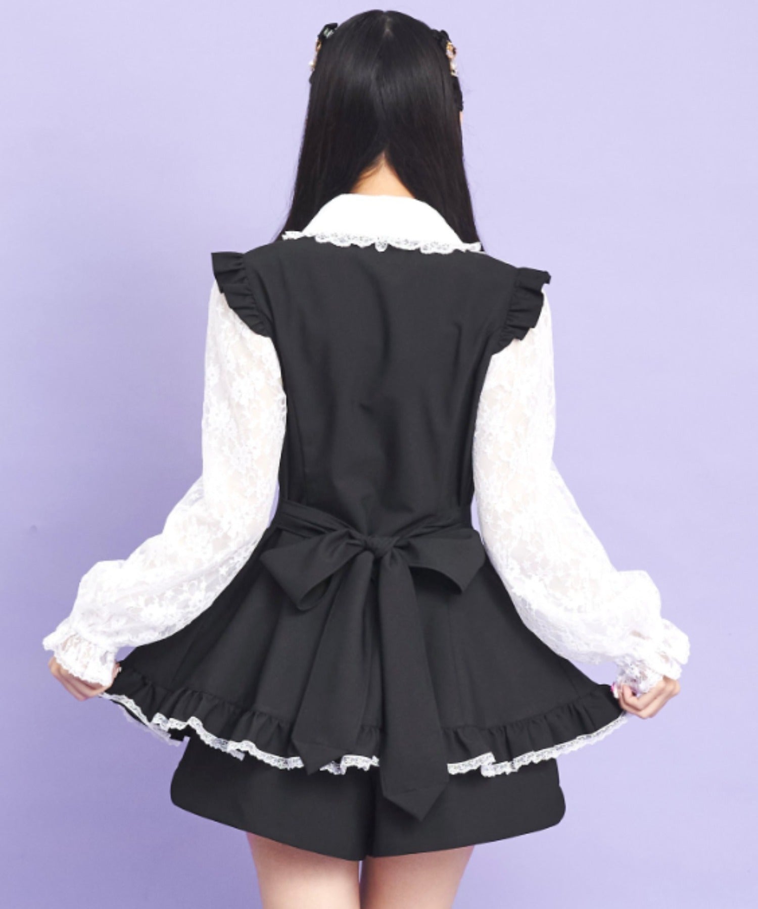 シークレットハニー Secret Honey 裾フリルレースヨーク長袖セットアップ (クロ) クロ