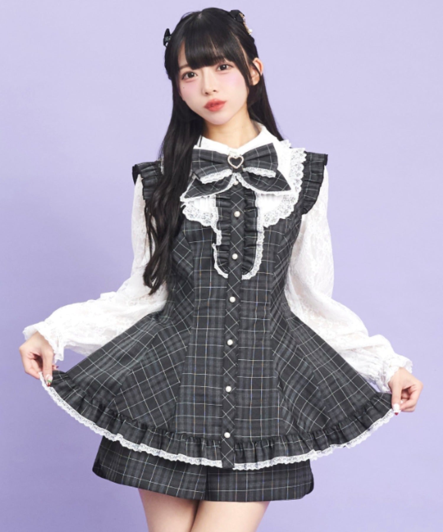 シークレットハニー Secret Honey 裾フリルレースヨーク長袖セットアップ (チェッククロ) チェッククロ