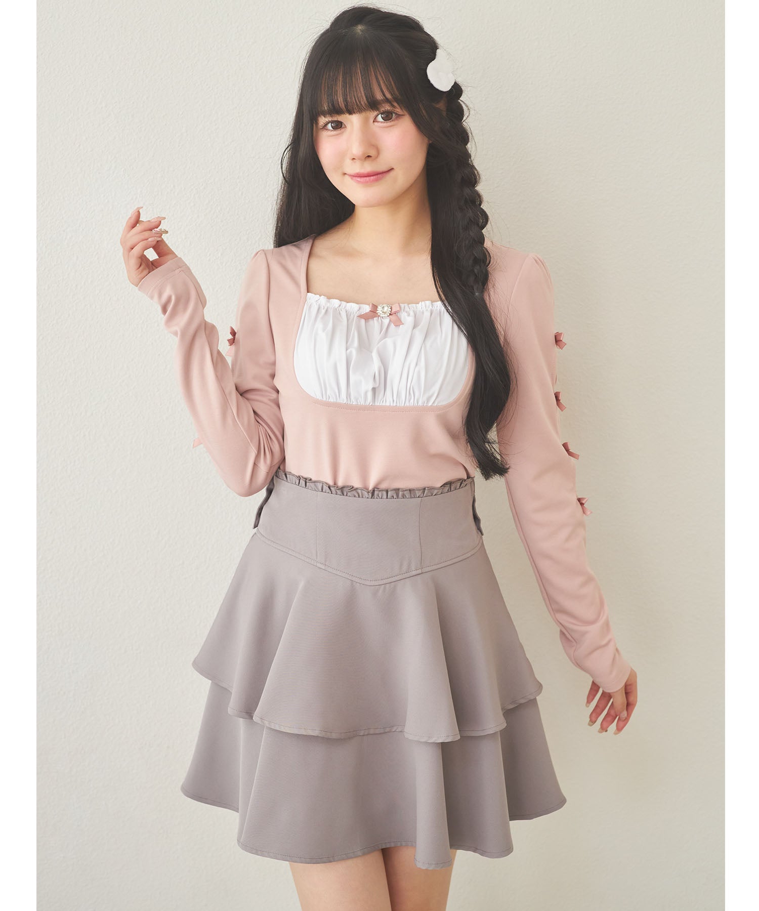 スユン Suyunn 2WAYリボン付きティアードミニスカート グレー