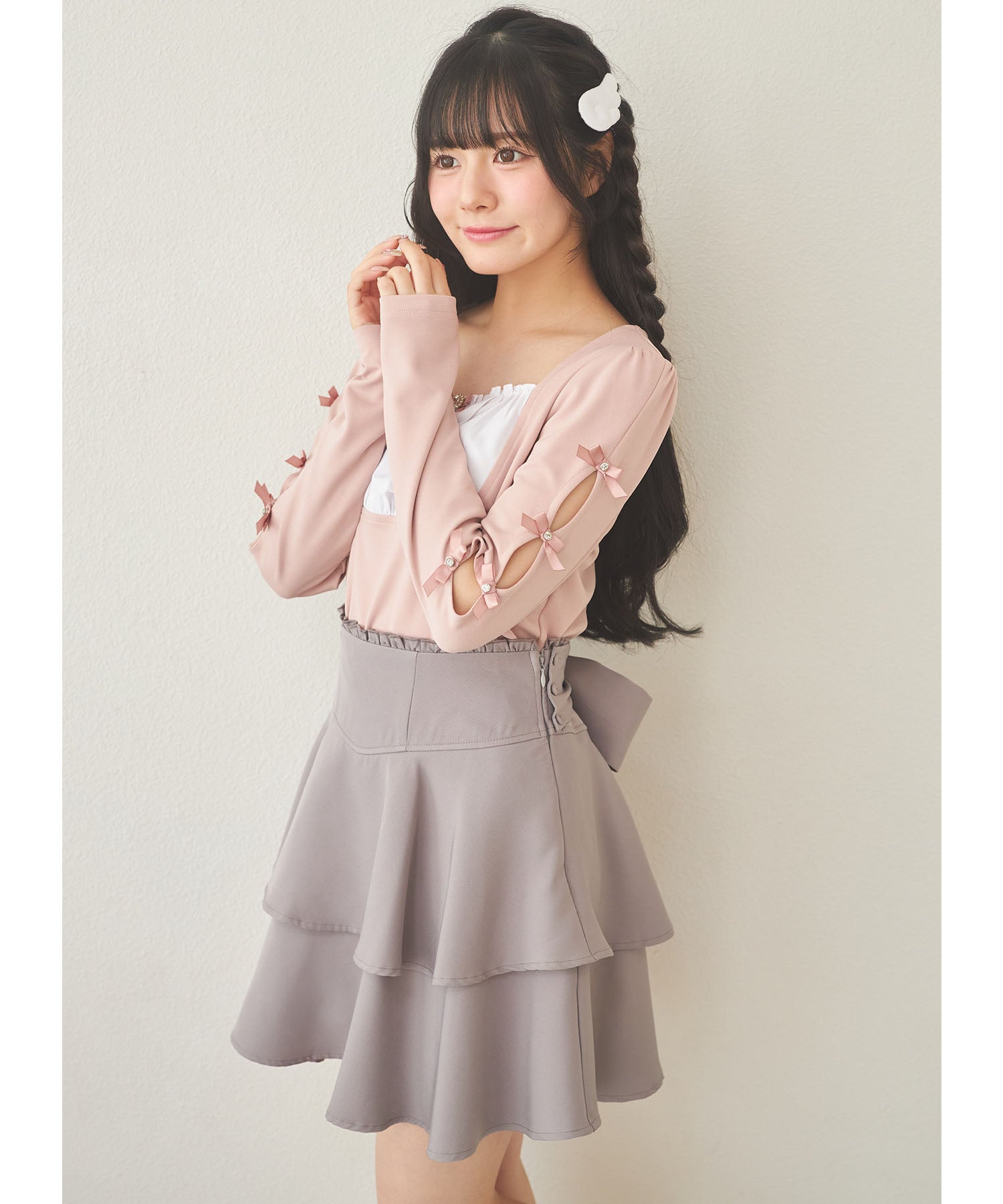 スユン Suyunn 2WAYリボン付きティアードミニスカート グレー